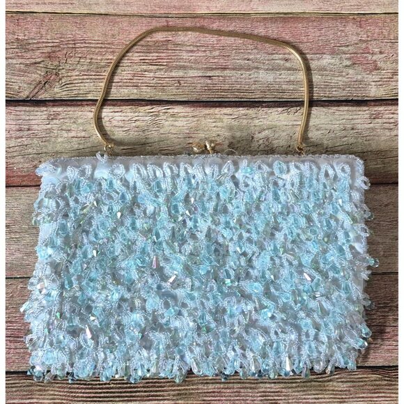 Vintage La Regale AB Dangle Bead Evening Bag Purse Kiss Lock Gold Chain Strap - Picture 4 of 9